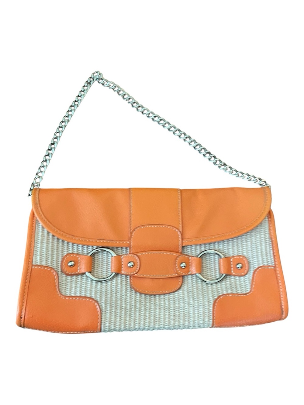 Orange Faux Leather-Trim Woven Shoulder Bag with Chain Strap